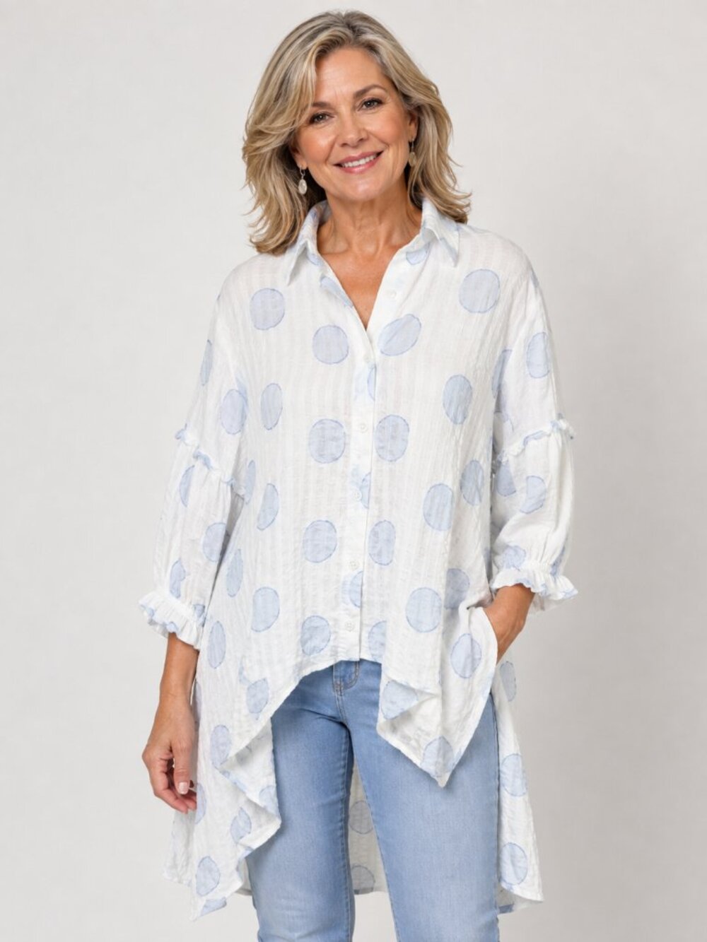 Patrizia Luca White Blue Polka Dot Button Front Ruffle Sleeve High Low Blouse